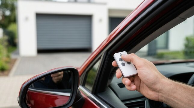 Close up of a person pressing a button on a white garage door remote from inside a car.