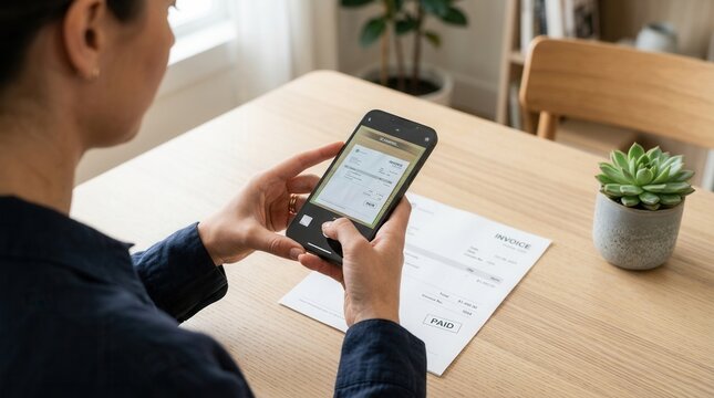 Close up of a woman photographing a paper invoice with her mobile phone for digital scanning.