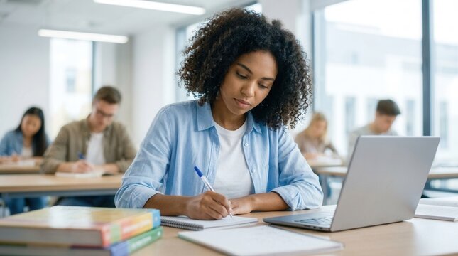 Young student girl studying with a laptop and books in a modern classroom setting.