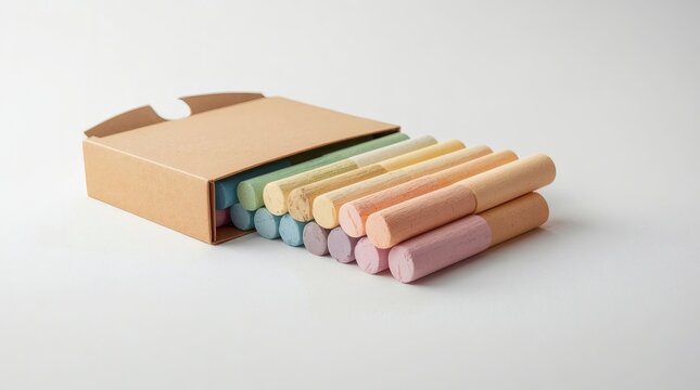 Pastel colored chalk sticks arranged neatly in a cardboard box on a white surface