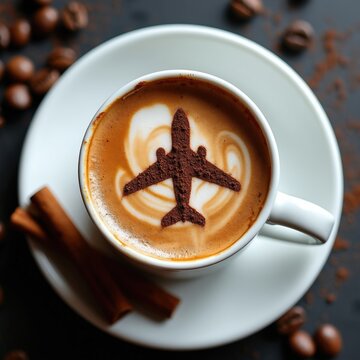 White cup with coffee features foam airplane art on table. Morning latte beverage served in ceramic mug with saucer near cinnamon sticks plus roasted beans. Hot caffeine drink presents travel concept