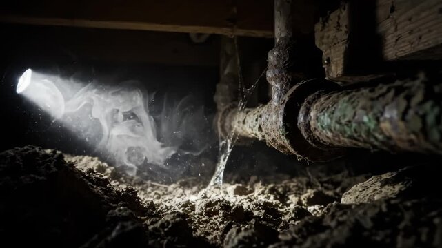 Flashlight beam illuminating a leaking rusty water pipe under a dark residential crawl space. Inspection of plumbing maintenance issues in a damp subfloor area with visible dust particles.