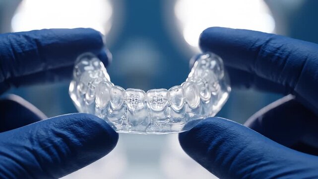 Dentist holding clear dental aligner tray, close up view of orthodontic equipment in a medical office, professional teeth correction and oral healthcare concept.