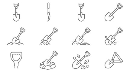 Gardening digging tools icons featuring shovels and spades. © Pariman