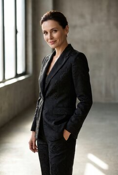 Female model in a black suit with floral patterns poses confidently in a modern industrial interior with large windows and concrete walls