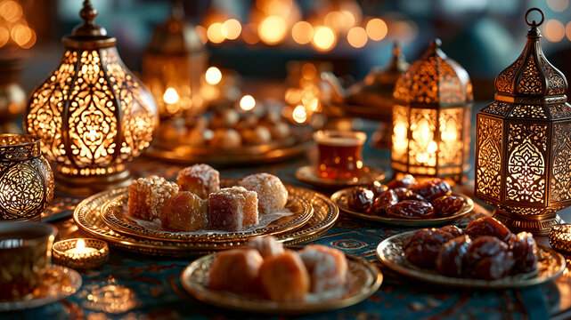 Luxurious Islamic holiday setting with dates, colorful Turkish delight, and a glowing metal lantern. Warm festive lights and bokeh background
