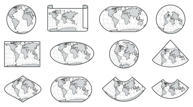 Global world map projections and geography icons.