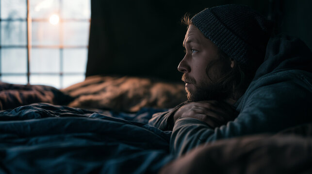 Man suffering from homelessness and social exclusion, sitting alone in a cold temporary shelter, sadness and poverty as a social problem , man looking very sad, man is laying in hi