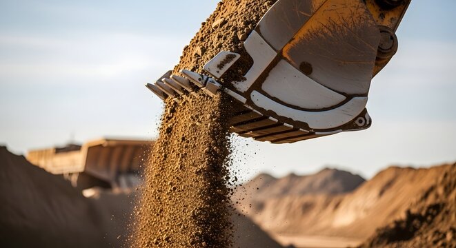 Excavator bucket dropping soil. Earthmoving machinery at work on a construction site.