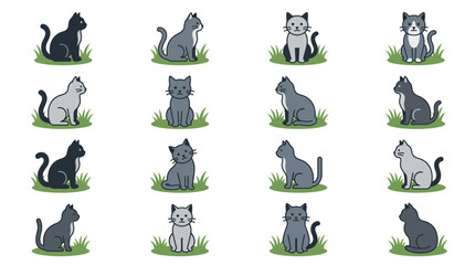 Grey cat icons sitting in green grass patches.