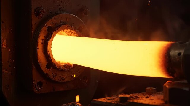 Industrial metal forging process, glowing hot steel rod emerging from heavy machinery.