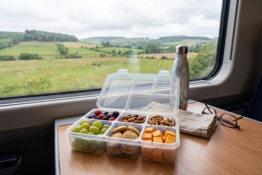 Assorted snack box with fruits, nuts, and cheese on a train table next to a stainless steel water bottle and glasses, with scenic countryside visible through the window