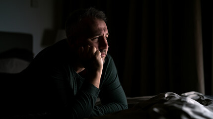 Fototapeta premium Man struggling with depression caused by the cost of living crisis, sitting in darkness and worrying about rent, food and everyday expenses , man looking very sad, man is laying in