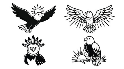 Naklejka premium Eagle Vector Illustration Set Hand Drawn Line Art Logo Icons