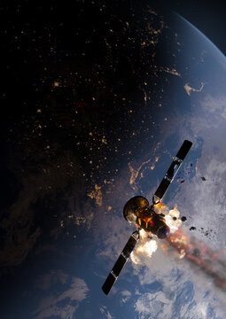 Asteroids in Space .Satellite To Crash Into earth.Elements of this image furnished by NASA, 3D illustration