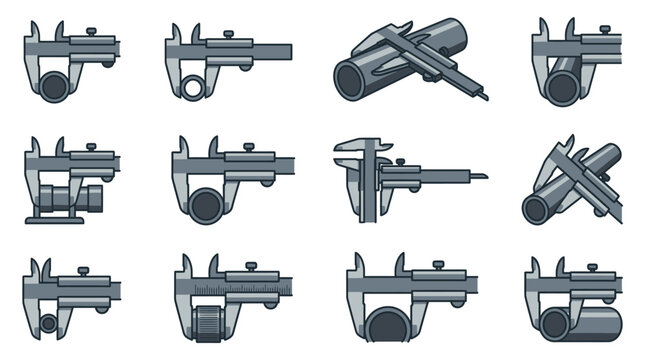 Industrial micrometer and caliper precision tool icons.