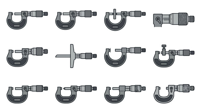 Industrial micrometer tool icon set.