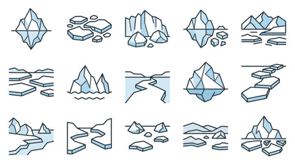 Iceberg and glacier line icons for climate themes. © surep