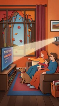 Family enjoying movie night at home, sitting on a couch with a dog, warm autumn colors and a projector illuminating the screen in a cozy living room setting