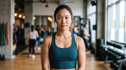 Fototapeta premium Confident Asian woman standing in a modern fitness gym looking at camera after her intensive strength training workout session