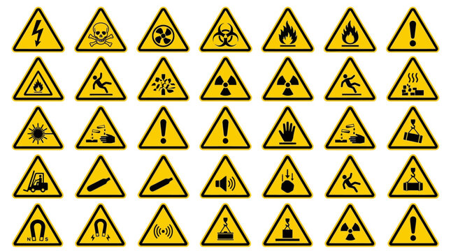 Collection of various yellow warning signs for workplace safety and hazards