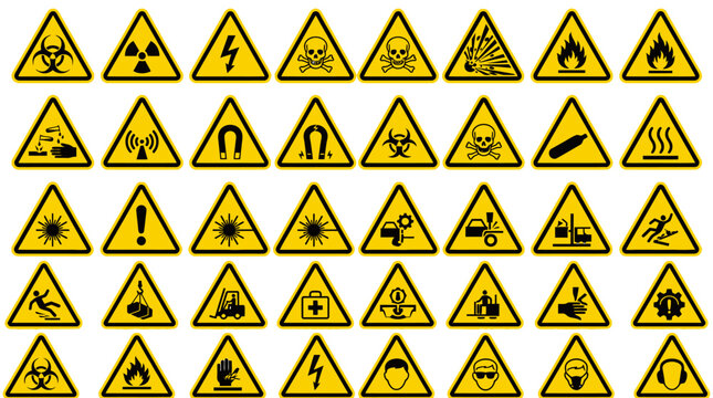 Collection of Safety Warning Signs and Industrial Hazard Symbols