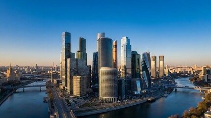 Obraz premium Panoramic view of a modern urban skyline with towering skyscrapers, a business district, and a winding river under clear blue sky