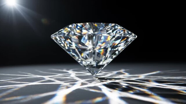 Stunning loose diamond refracting bright light beams, casting intricate caustic patterns on a dark surface. High quality close up macro video capturing elegant luxury and brilliance.