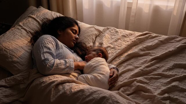 A tender mother cuddling her swaddled newborn baby on a bed in soft morning light. A serene scene capturing the peaceful bonding and quiet rest of new motherhood.