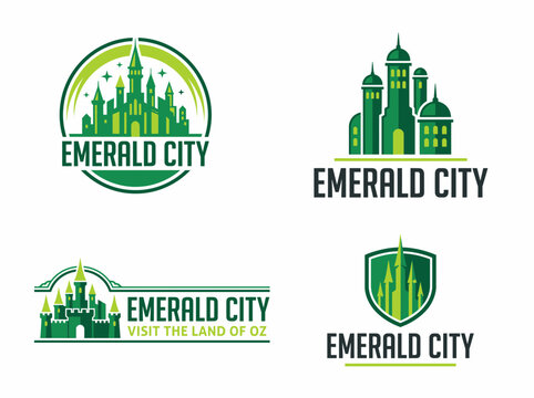 Set of emerald city logos and emblems with castle illustrations