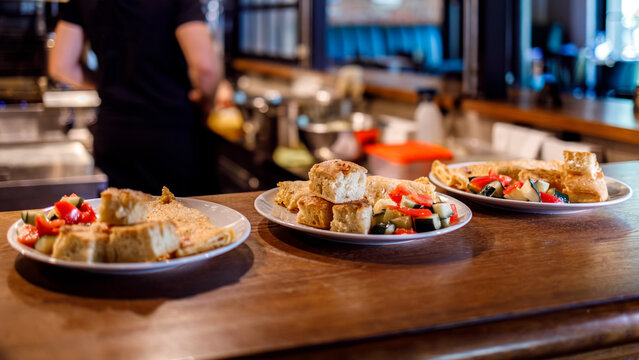 Delicious food served on plates at a restaurant during lunchtime