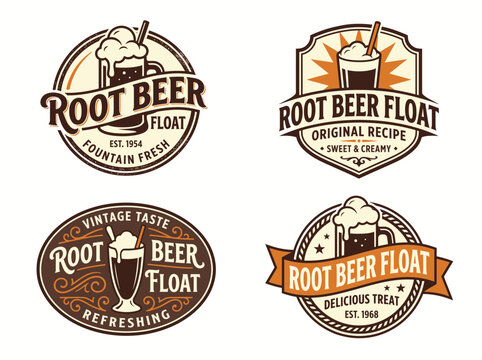Set of vintage root beer float emblems, logos, and badges