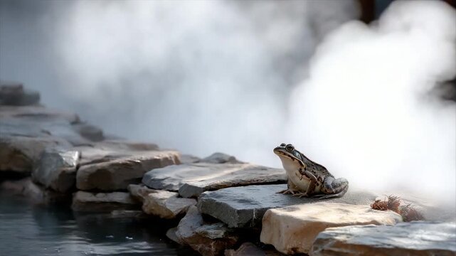 A frog sits on stone near water, enveloped in steam. Landscape with natural textures