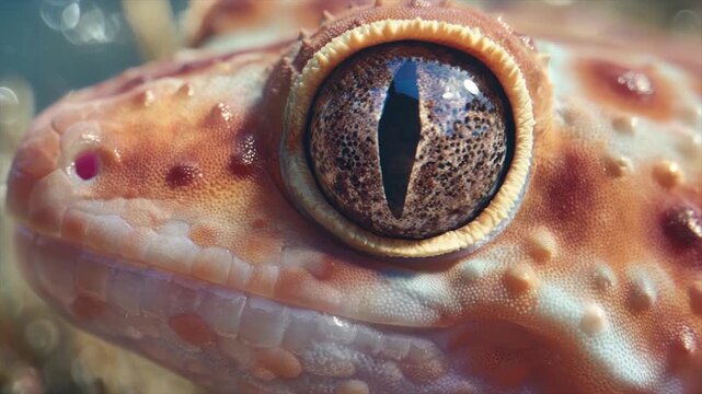 Macro shot of a reptile head showing an eye with vertical pupil