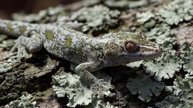 A camouflaged gecko perches on lichen-covered bark, displaying intricate patterns