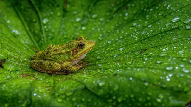 A green frog sits on a large, water-covered leaf. It is in soft focus, with detail
