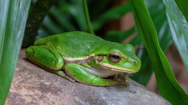 A vibrant green frog rests on a stone, surrounded by foliage. Close-up nature shot