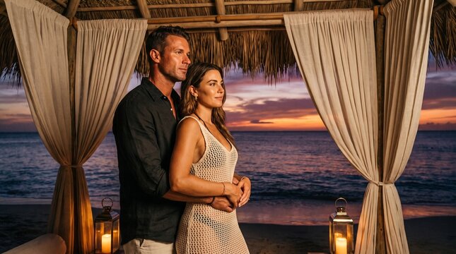 Elegant young couple dressed in sophisticated evening outfits enjoying a romantic moment at a luxurious seaside resort. The couple stands together against a breathtaking sunset view, creating an atmos