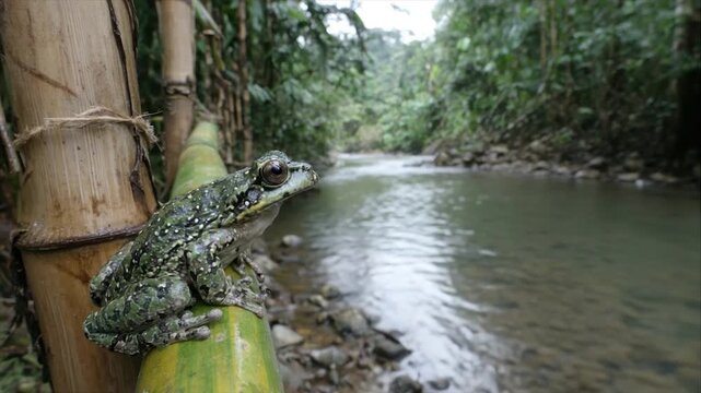 A frog perches on bamboo, overlooking a river in a lush, green jungle scene