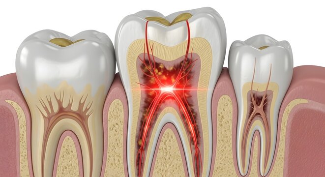 Advanced Tooth Root Canal Infection Visualization with Inflamed Dental Pulp and Internal Nerve Damage