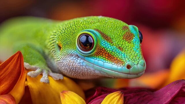 A vibrant green gecko with blue and orange accents rests among colorful flower petals