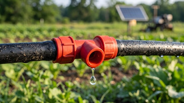 Black Drip Irrigation Pipe with Red T Connector and Falling Water Droplet in Green Farm Field