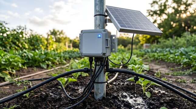 IoT Irrigation Controller with Solar Panel and LED Sensor Connected to Drip Pipes