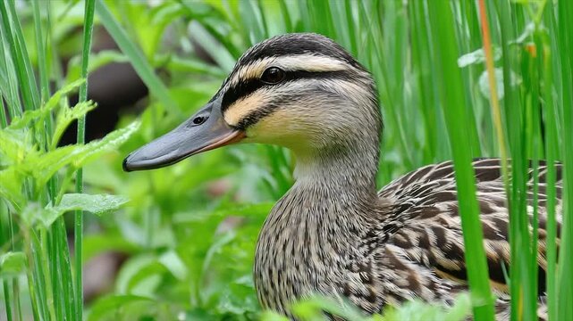 A duck amidst lush green foliage. The bird has brown and black markings, with a sleek, flat beak