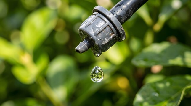 Water Droplet Suspended from Gray Drip Connector with Blurred Green Leaves Background