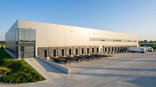 Modern logistics warehouse facility with numerous loading docks and trucks, vital for efficient global supply chain operations and distribution of goods