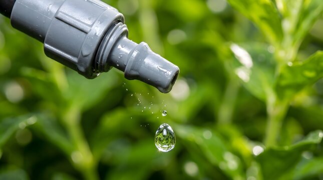 Water Droplet Suspended from Gray Drip Connector with Blurred Green Leaves Background