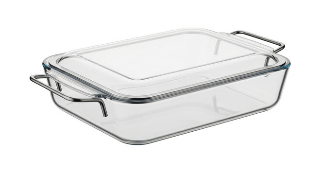Clear glass baking dish with lid isolated on transparent background