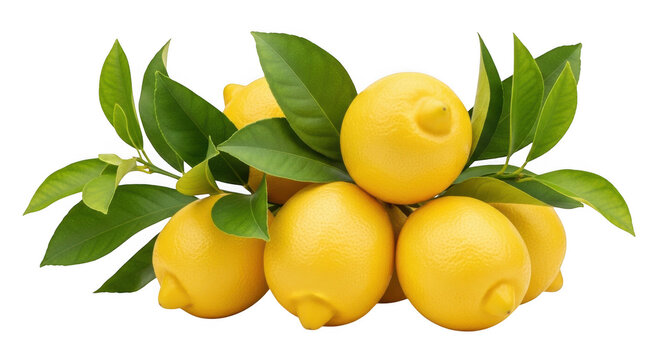 Fresh yellow lemons with leaves isolated on transparent background