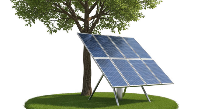 Solar panel under a green tree isolated on transparent background